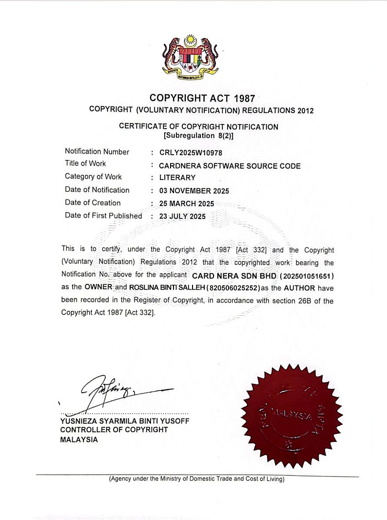 Copyright Act 1987 certificate showing Cardnera's legal registration and compliance